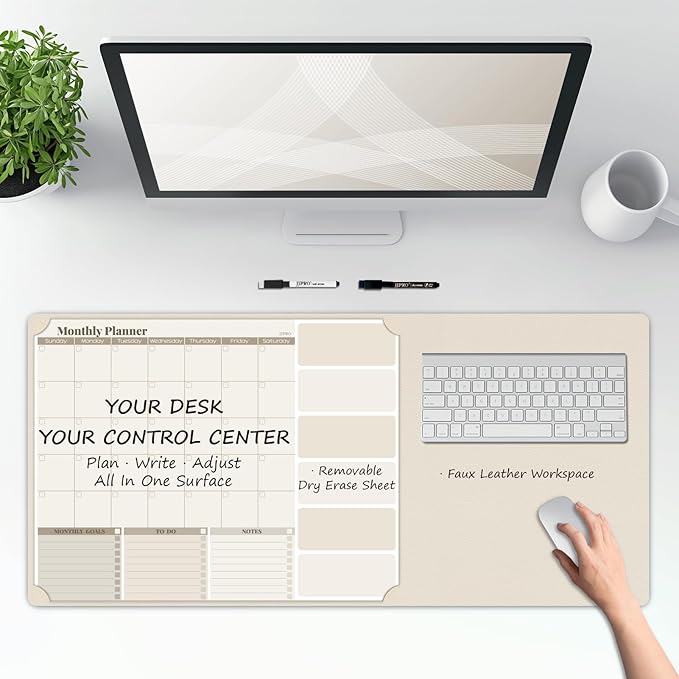 JJPRO Dual-Layer Dry Erase Desk Mat,Large Multi-Use Dry Erase Desk Calendar,Erasable Desk Pad,Double-Sided Faux Leather Desk Pad,Reusable Large Mouse Pad for Office, Home - Eggshell -16"x34"