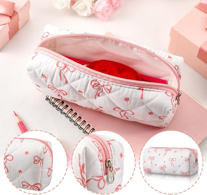 Sherr Coquette Bow Pencil Case Pink Bow Cute Pencil Pouch Soft Cotton Storage Bag Aesthetic Pattern Gift Makeup Pouch Cosmetic Bag for Women Adults