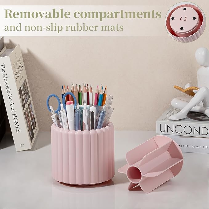 Anyoifax 360° Rotating Pen Holder 7 Slots Desk Organizer Removable Pencil Cup Plastic Art Supplies and Accessories Desktop Storage Box Caddy for Office, School, Home (Pink)