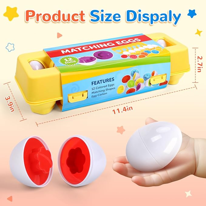 USATDD Matching Eggs for Toddlers Montessori Geometric Eggs Color & Shape Recognition Toy, Fine Motor Skills Shape Sorter Puzzle, Easter Eggs Toys Gifts for Kids, Easter Basket Stuffers