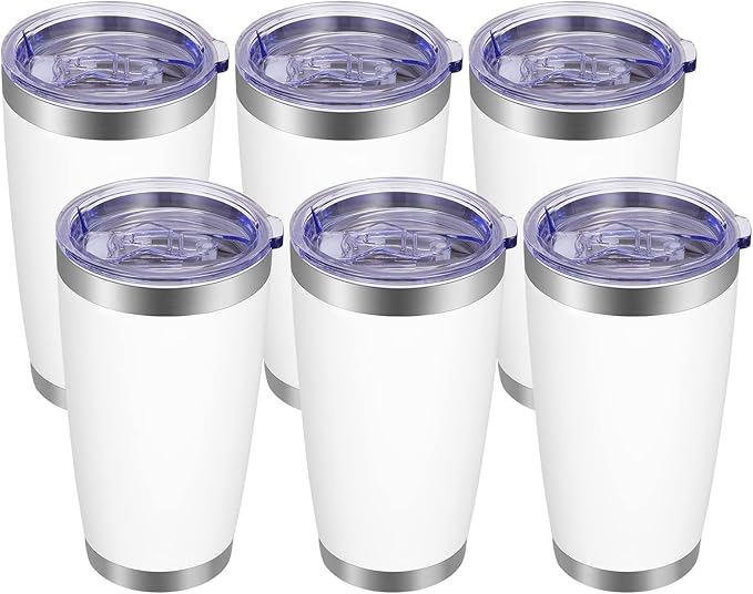 VEGOND 20oz Tumbler with Lid and Straw Stainless Steel Tumbler Cup Bulk Vacuum Insulated Double Wall Travel Coffee Mug Powder Coated Coffee Cup, White, 6 Pack