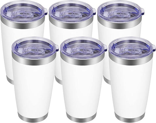 VEGOND 20oz Tumbler with Lid and Straw Stainless Steel Tumbler Cup Bulk Vacuum Insulated Double Wall Travel Coffee Mug Powder Coated Coffee Cup, White, 6 Pack