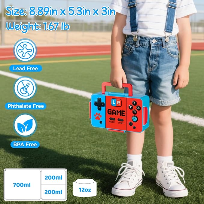 Game Kids Bento Lunch Box – 12 oz Stainless‑Steel Soup Thermo & 3‑Compartment Leak‑Proof Food Container with Built‑In Ice Pack, Insulated Food Jar for Boys & Girls, School & Travel