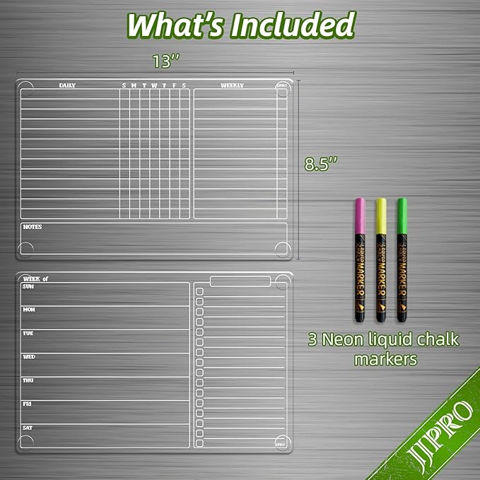 JJPRO Non-Magnetic Dry Erase Chore Chart for Fridge, 8.5"x13" Clear Reusable Chore Board for Kids and Weekly Planner, Dry Erase Weekly Meal for Refrigerator,Cabinet,Wall&Glass, All Smooth Surfaces
