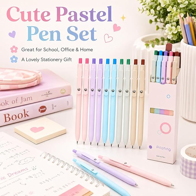 Gel Pens School Office Supplies - 10 Pcs 0.5mm Cute Black Ink Ballpoint, Macaron Colored Fine Point Pen, Desk Accessories for Women College Teacher, Pastel Smooth Writing Pen for Journaling Gifts