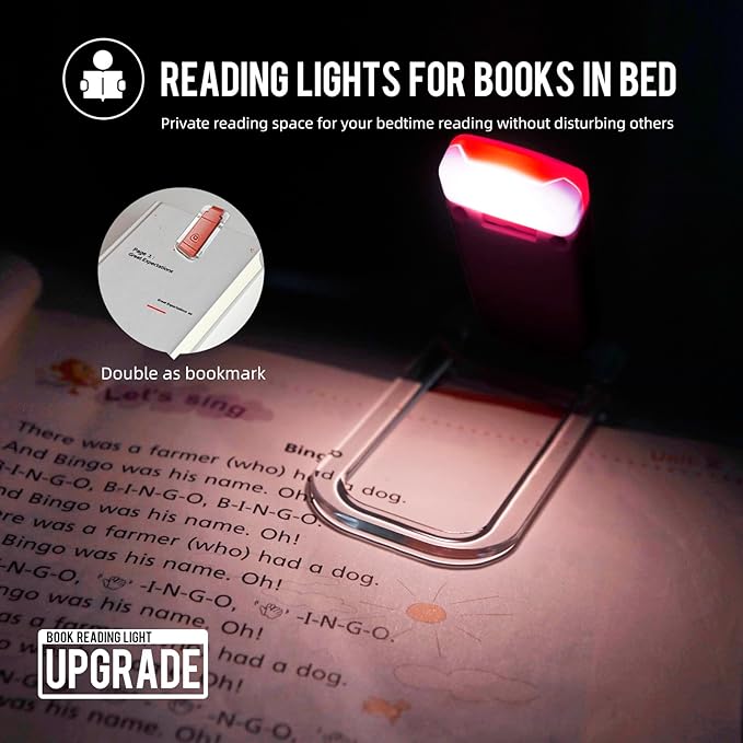EGWASER Book Light for Reading in Bed, USB Rechargeable Clip on Book Lights, 3 Brightness Adjustable Dimmable Bookmark Light for Eye-Protection, Reading Lamp for Bookworms, Travel (Red)