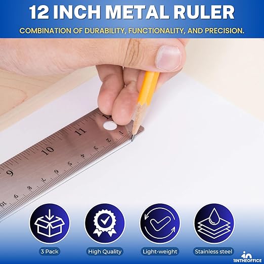 1InTheOffice Metal Ruler 12 Inch, Stainless Steel 12 Inch Ruler with Cork Back and Hanging Hole - 1/16" Standard Scale 12 inch - 3 Pack