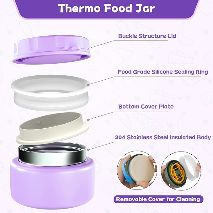 Aimsnk Kids Bento Lunch Box with 8oz Soup Thermo, Kids Leakproof Lunch Food Containers with 4 Compartment,Insulated Hot Food Jar with Lunch Bag for School, Travel (Purple)