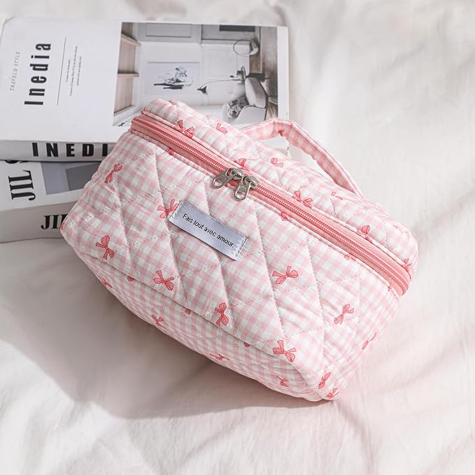 uekeboag Large Travel Quilted Makeup Bag for Women | Soft Floral Cotton Cosmetic Bag, Foldable Coquette Aesthetic Toiletry Organizer