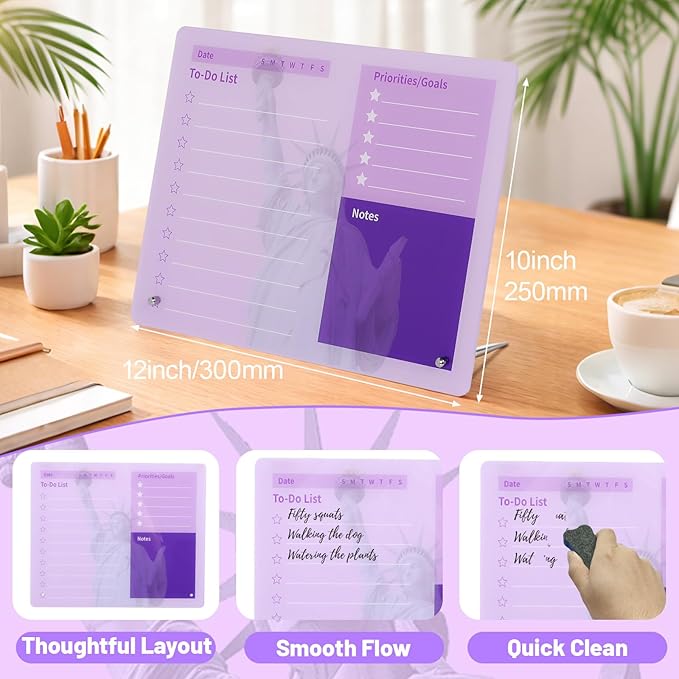 LeMotech Desktop Acrylic Dry Erase Board, 12x10 inches to-Do List Planner, Tabletop Whiteboard with Stand Office Supplies Includes 2 Markers & 1 Eraser, Purple Statue of Liberty Pattern, 2 Pack