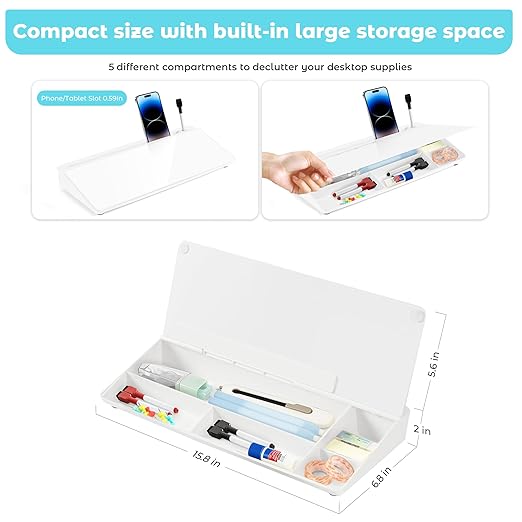 Glass Desk Whiteboard with Storage, 6.8" x 15.8" Small Dry Erase Board, Desk Board with Computer Keyboard Stand & Built-in Drawer, Includes 4 Markers, 1 Eraser for Office, Home, School