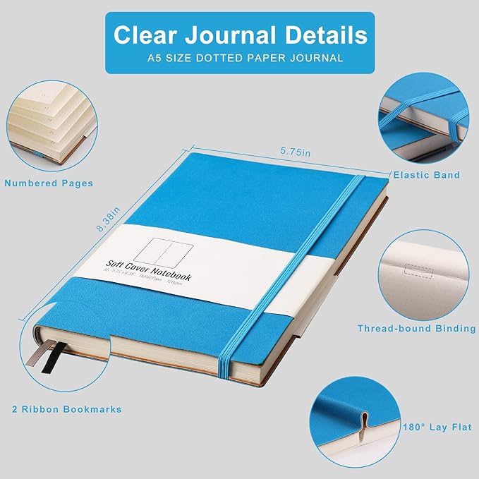 AHGXG Dotted Grid Journal 2 Pack - A5 Dot Grid Notebook Softcover, Medium 5.75'' × 8.38'', 320 Numbered Pages, 120gsm Thick Dotted Paper, Soft Leather Cover, Black Blue