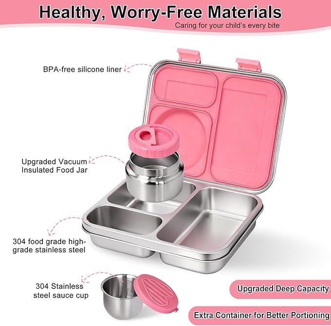 Stainless Steel Bento Lunch Box-7+ Older Kids，Teens ＆ Adult with Insulated Food Jar,Leakproof 3-Compartment,BPA-Free, Eco-Friendly,Dishwasher Safe, Large-Capacity Box, School,Office,Travel （Pink)