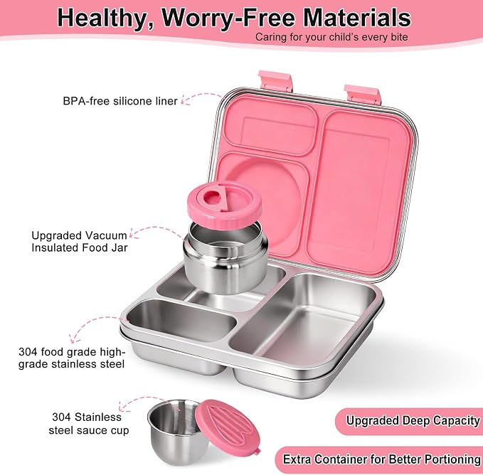 Stainless Steel Bento Lunch Box-8+ Older Kids，Teens ＆ Adult with Insulated Food Jar,Leakproof 3-Compartment,BPA-Free, Eco-Friendly,Dishwasher Safe, Large-Capacity Box, School,Office,Travel （Pink)