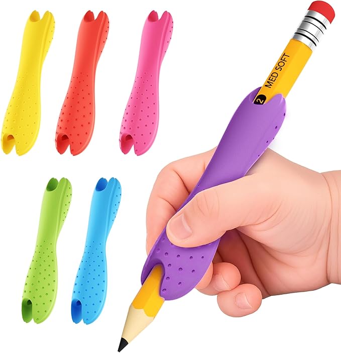6-Pack Small Ergonomic Pencil Grips for Toddlers&Children,Silicone Writing Aid for Handwriting,Drawing,Anti-Slip Texture,Dual-Head Design for Right/Left Hand–Improves Grip Control (Assorted Colors)