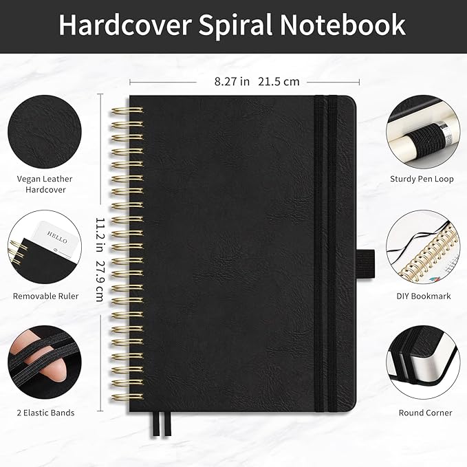 EMSHOI Dotted Journal Spiral Notebook - 300 Pages, A4 Hardcover Leather, 100 GSM Thick Dot Grid Notebook for Women Men Work Writing, Journaling, Drawing, 8.27" x 11.2", Black