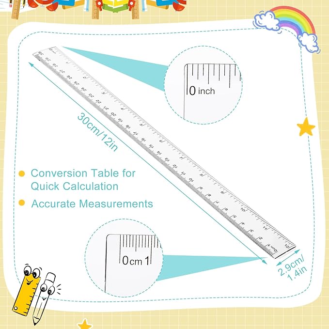 EBOOT 2 Pack Plastic Ruler Straight Ruler Plastic Measuring Tool for Student School Office(Clear,12 Inch)