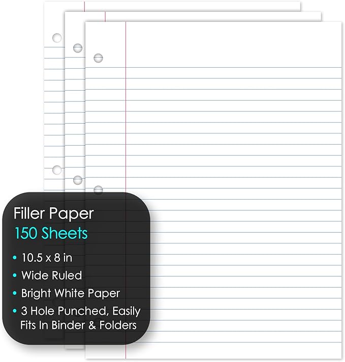 iScholar Wide Ruled Filler Paper, White, 10.5 x 8-Inches, 150 Sheets per Pack (81150)