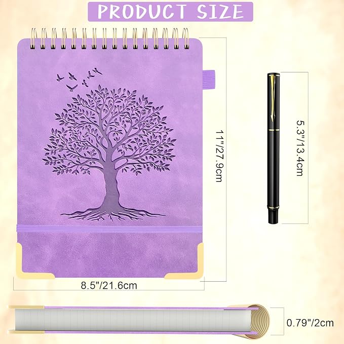 Mousbull A4 Top Spiral Notebook, Tree Pattern Large Leather Hardcover Left Handed Journal, 240 Pages 100 Gsm Lined Paper Top Bound Steno Pads for Work, School, Travel Writing - Purple, 8.5" x 11"