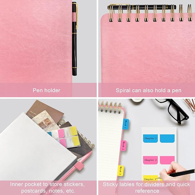 A4 Top Spiral Notebook, Large Leather Hardcover Top Bound Steno Pads, 240 Pages 100 gsm Thick Lined Paper Left Handed Notebook Journal for Work, School, Meeting Writing - Pink, 8.5" x 11"
