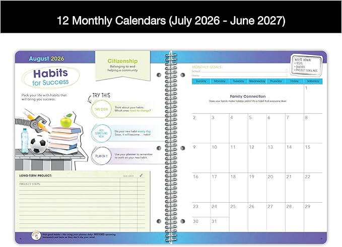 Dated Middle High School Student Planner 2026-2027 Academic School Year, Large (8.5" by 11") Matrix Style Datebook with Classic Middle/High Matrix Cover