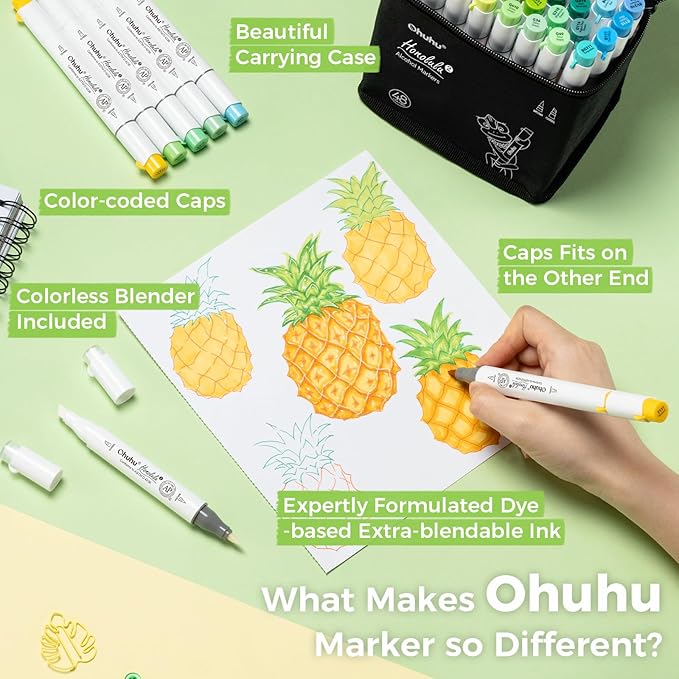 Ohuhu Alcohol Markers Brush and Chisel Tip: 48-Color Double Tipped Art Marker Set for Artist Adults Cozy Coloring Illustrations - Honolulu 2- Brush and Chisel Dual Tips- Refillable - AP Certificated