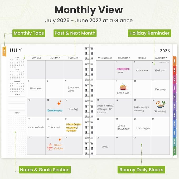 Oucaru Academic Planner 2026-2027,Weekly & Monthly Planner with Hourly Schedule, July 2026 - June 2027, 8.5" x 11" Large School Year Calendar, 80gsm Thick Paper, Student Teacher Lesson Plan Book