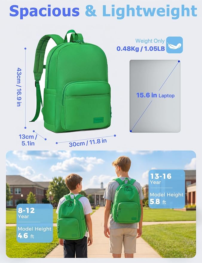 VASCHY School Backpacks, Lightweight Bookbag Schoolbag for Boys Girls Casual Basic Simple Daypack for Men Women Bright Green