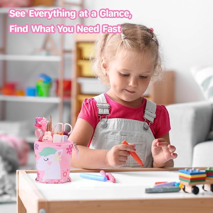 Standing Pencil Case Girls - Telescopic Pouch for Kids, Cute Kawaii Pencil Case for Girls, Big Capacity Stand Up Pencil Pouch for Kids, Pink Flower Unicorn