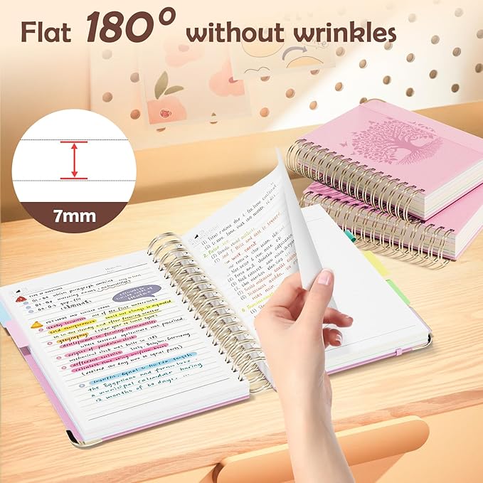 QIYVLOS Hardcover Spiral Notebook, A5 Journal with Removable Dividers Tabs, 5 Subject Notebook College Ruled, 320 Pages 6"x8" Leather Notebooks for Work School Study, Lined Journal for Women, Pink