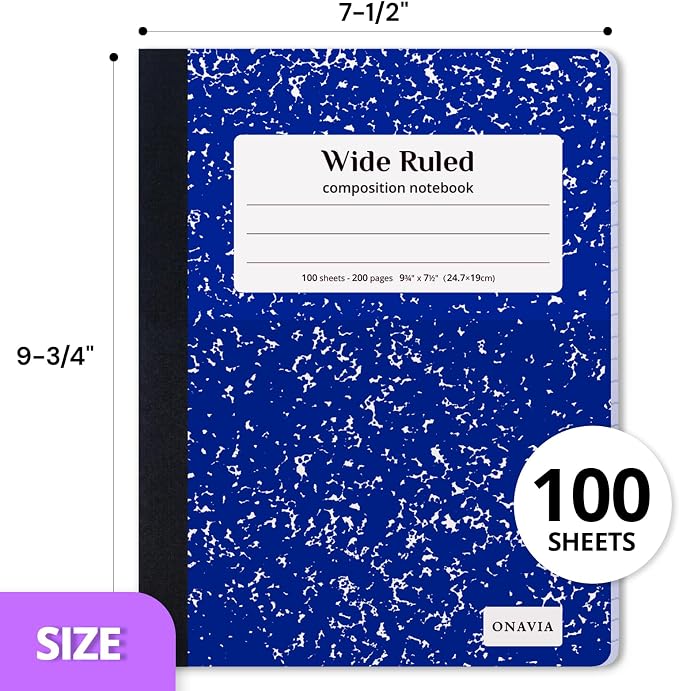ONAVIA Composition Notebook Wide Ruled Bulk, 200 Pages, Marble Assorted