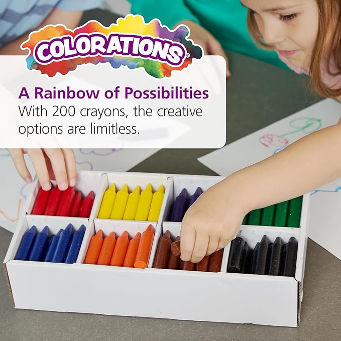 Colorations Chubby Crayons for Kids, Set of 200 - Rainbow - Classroom Supplies - 2.68" L by .56" Dia Each) - Toddlers, Bulk, Washable, Non-Toxic, Jumbo