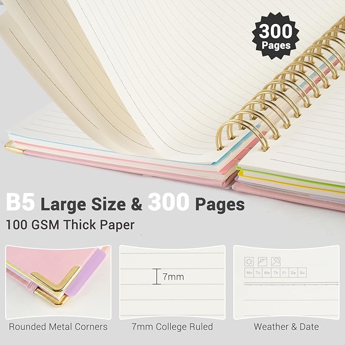 Hardcover Spiral Journal Notebook, 300 Pages 5 Subject Notebook College Ruled with Removable Dividers Tabs, 8" x 10" Notebooks for Work, Spiral Ruled Lined Writing Journal Hardcover Leather Notebook for School (Black, 8''x 10'')