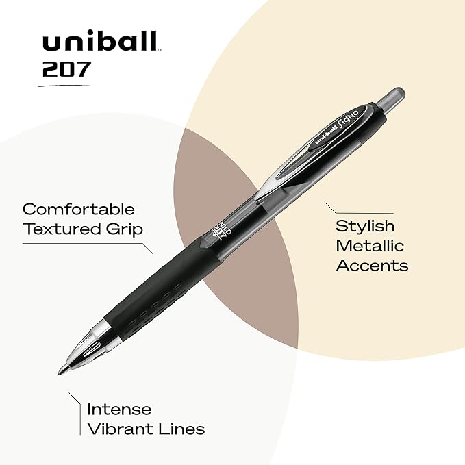 Uniball 207 Retractable Gel Pens, Bold Point (1.0mm), Black, 5 Pack