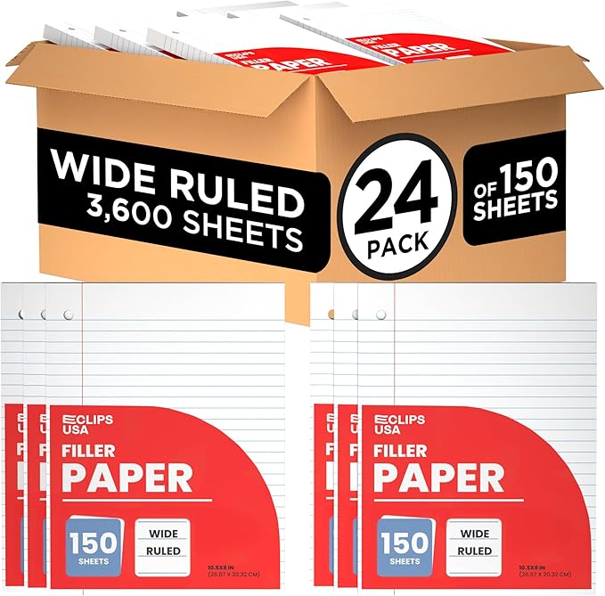 Wide Ruled Loose Leaf Paper Wide Ruled Notebook Paper Lined Writing Filler Paper 10.5” x 8” 56 gsm 3600 Sheets 150 Sheet Per Pack (24 Pack)