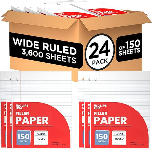 Wide Ruled Loose Leaf Paper Wide Ruled Notebook Paper Lined Writing Filler Paper 10.5” x 8” 56 gsm 3600 Sheets 150 Sheet Per Pack (24 Pack)
