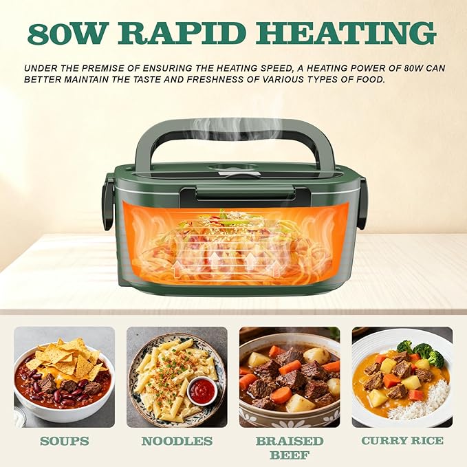 Buddew Electric Heated Lunch Box, 80W Fast Heating, 1.5L Food-Grade 304 Stainless Steel, 12V/24V/110V Portable Food Warmer for Car Truck Office Adults, Lonchera Electrica Portatil (Dark Green)