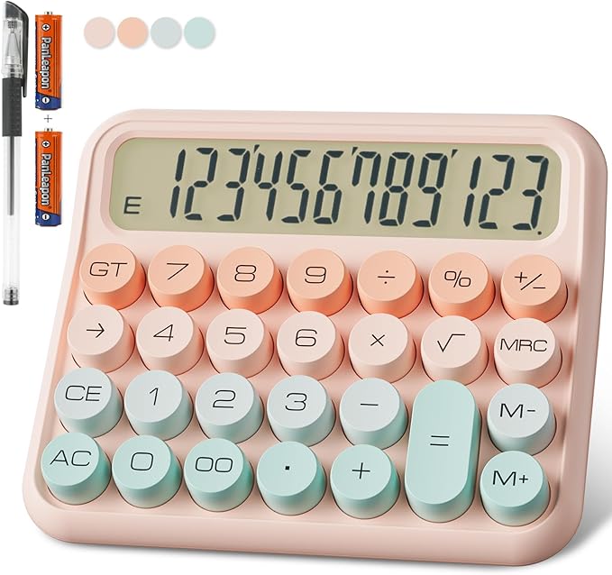 DECKLIT Battery Desk Calculator - 12 Digit Extra Large 5-Inch LCD Display, Big Buttons Easy to Press, 15Tilt Screen for Kids (Green&Pink)
