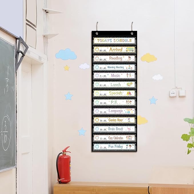 AmazingSpark Pocket Daily Schedule Pocket Chart Durable Visual Schedule Easy to Use Reusable for Classroom Office Home School Activity Reversible Chart for Sentence Strips
