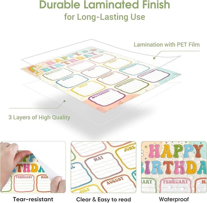 FaCraft Boho Birthday Chart Poster for Classroom - 16.5"x12" Reusable Laminated Happy Birthday Calendar with Glue Dots Bulletin Board Decorations Back to School Teacher Supplies Class Wall Decor