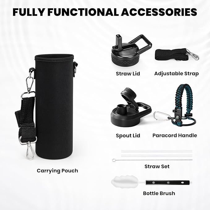 RAYMYLO Insulated Water Bottle 24oz, Triple Wall Vacuum Stainless Steel (Cold for 24Hrs, Hot for 12Hrs), Leak Proof & Non-BPA, 24oz Hydro Water Flask with Paracord Handle & Straw Spout Lids