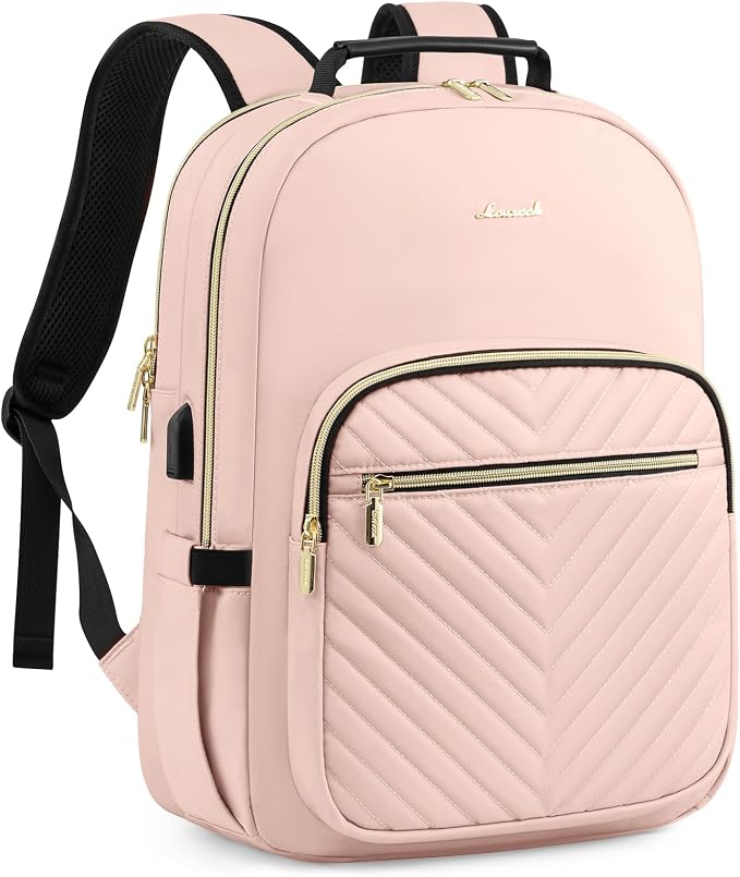 LOVEVOOK Laptop Backpack Purse for Women, Large Capacity Travel Business Computer Work Bag, Quilted Casual Nurse Backpack for Womens, Fit 15.6 Inch Laptop with USB Port, Nude