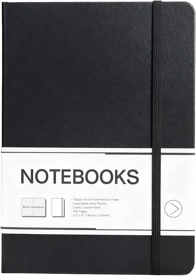 M&G Blank Journal Notebook, 160 Pages, A5 Medium Size 5.6" x 8" for Men Women, 100GSM Thick College Ruled Paper for Journaling, Writing, Sketching, Leather Hardcover, Black
