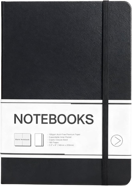 M&G Blank Journal Notebook, 160 Pages, A5 Medium Size 5.6" x 8" for Men Women, 100GSM Thick College Ruled Paper for Journaling, Writing, Sketching, Leather Hardcover, Black