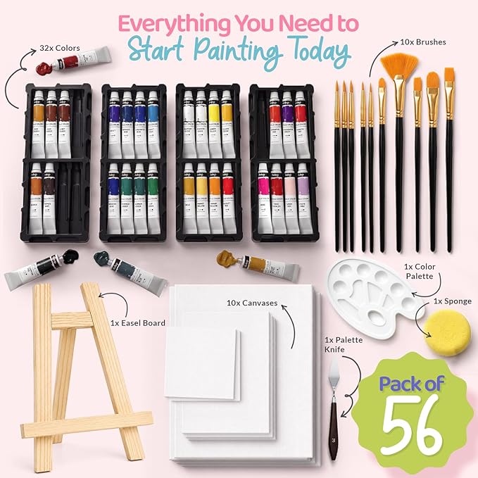 Chalkola Acrylic Paint Set for Adults & Kids - 56 Pcs Canvas Painting Kit with 32 Paints (22ml), 10 Brushes, 10 Canvases, Tabletop Easel, Palette, Knife - Professional Craft & Art Painting Supplies