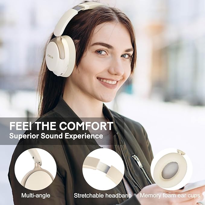 JOMILIN C5 Active Noise Cancelling Headphones, Wireless Over Ear Bluetooth Headphones, 3EQ Modes via Button, 60H Playtime Lightweight Folding Stereo Bass Headset with Mic, for Travel Home Beige White