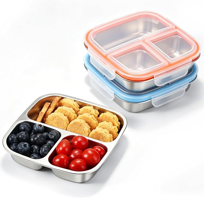 2 Pack Snack Containers for Kids, 3 Compartments Reusable on the go Bento Box with Lids, Stainless Steel Toddler Lunch Box Pre Meal Storage for Daycare School Outdoor Camping - Blue Orange