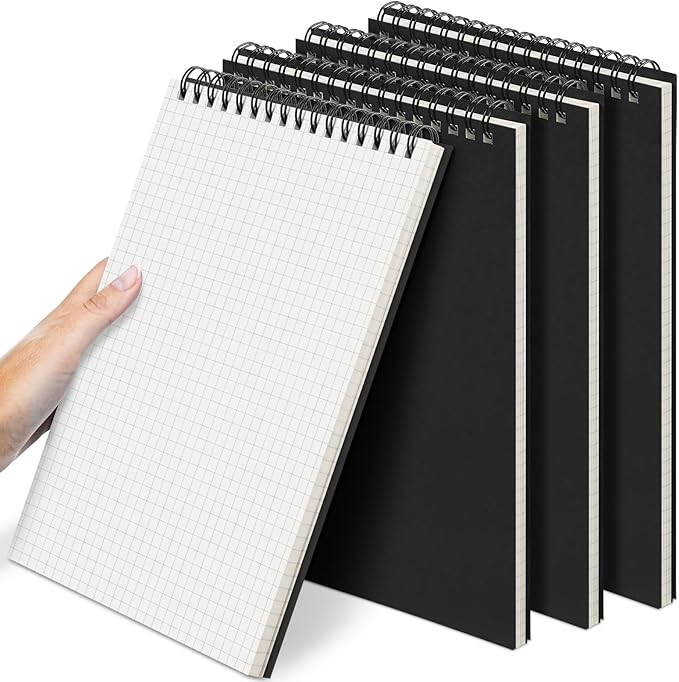 Engrowtic 4 Pack Graph Paper Spiral Notepad A5 Top Wirebound Notepad Grid Notebook Steno Pads Memo Notebook Grid Paper 140 Pages for Writing Sketching Drawing Office Supplies (Black)