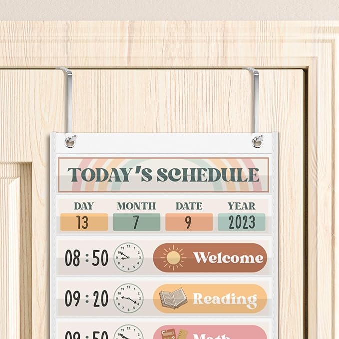 Boho Daily Schedule Pocket Chart for Classroom with 24 Cards，Welcome Back to School Classroom Decorations, White