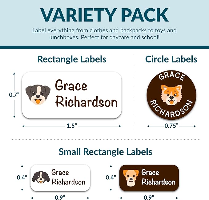 Personalized Waterproof Name Labels for Kids | Optional Packs 50, 150, 230 Labels | Custom Name Stickers for Kids' Clothing Tag, Water Bottle, Lunch Box, Customize Kid Name Label for Daycare Dogs